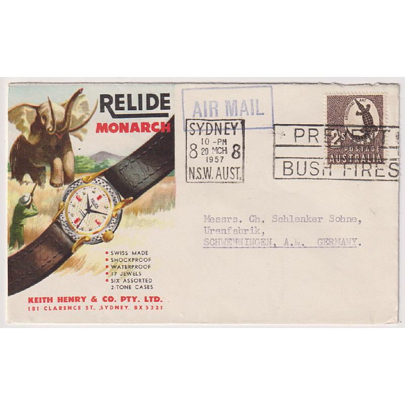 (ST1028) AUSTRALIA · 1957: attractive advertising cover for Relide · Monarch wrist watches commercially used to Germany · fine condition