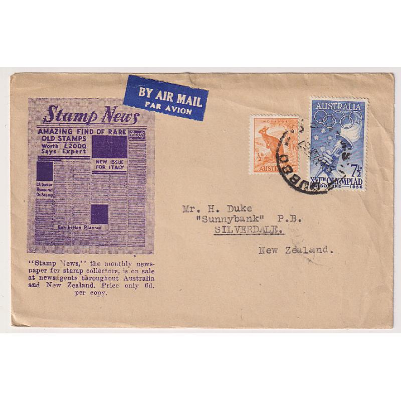 (ST1029) AUSTRALIA · 1957: "Stamp News" advertising envelope carried by air mail to New Zealand · 7½d Olympics commem + ½d Roo defin make up correct rate for up to ½oz. · excellent condition