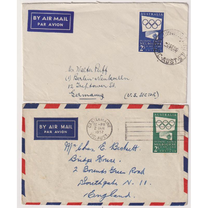 (ST1030) AUSTRALIA · 1955/57: small commercial air mail covers to Germany and G.B. bearing single 2/- blue & 2/- green Olympics commemoratives respectively · both items in excellent condition · total "on cover" c.v. AU$80 (2)