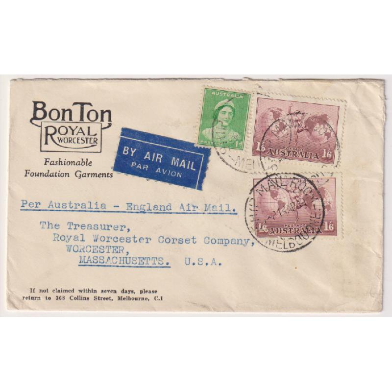 (ST1032) AUSTRALIA · 1939: commercial cover to USA per Australia/G.B. air mail and then onforwarded to destination by sea mail · 3/1d franking paid correct rate for this service · some minor imperfections but very exhibitable