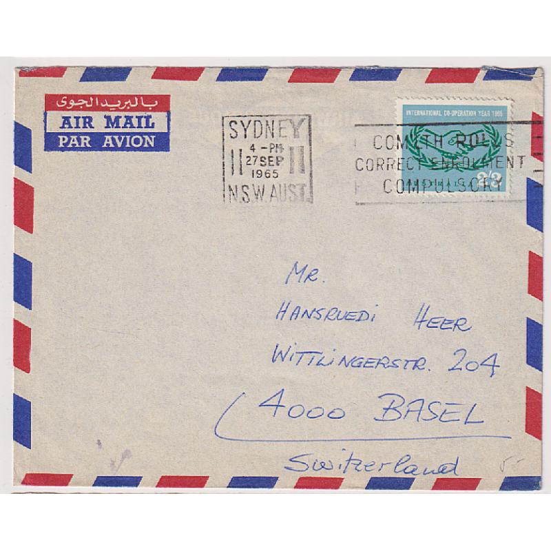 (ST1036) AUSTRALIA · 1965: commercial air mail cover to Switzerland with single 2/3d ICY commem franking · very nice condition · genuine usage of this stamp is hard to find "on cover"