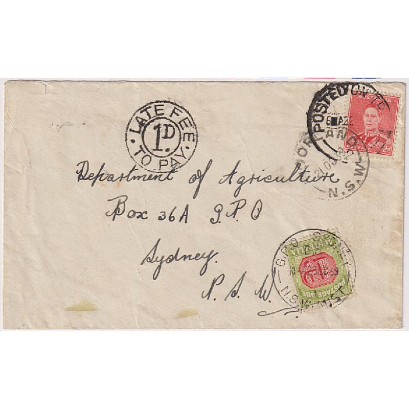 (ST1037) AUSTRALIA · 1939: commercial cover with 2d KGVI franking tied by an obvious impresion of a POSTED ON TRAIN · N.S.W. cds · LATE FEE 1d TO PAY h/s applied on arrival at Sydney · fee paid with 1d P/Due · some light soiling but quite displayable