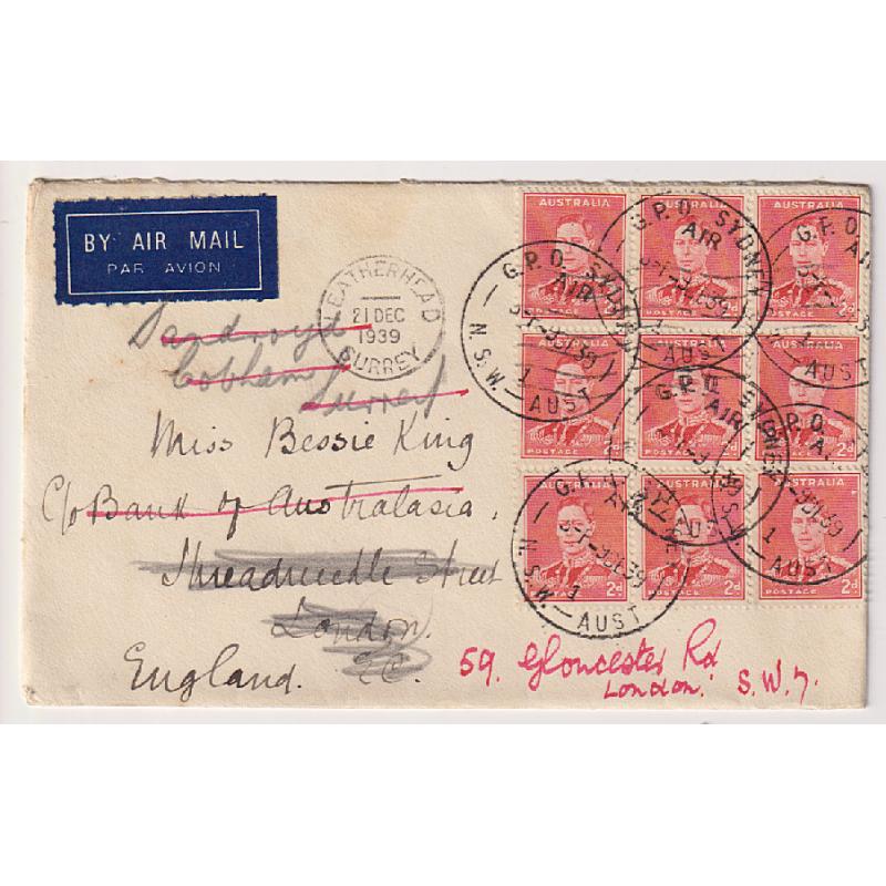 (ST1039) AUSTRALIA · 1939: small air mail cover to London with the 1/6d rate made up using 9x Die II 2d red KGVI defins · redirected a couple of times on arrival · nice condition