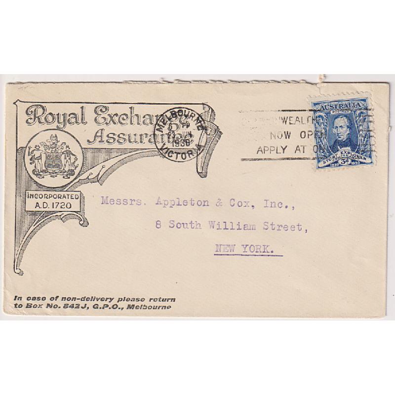 (ST1040) AUSTRALIA · 1930: advertising cover mailed to USA with single 3d blue Sturt commemorative franking · fine condition · uncommon solo franking · "on cover" c.v. AU$60