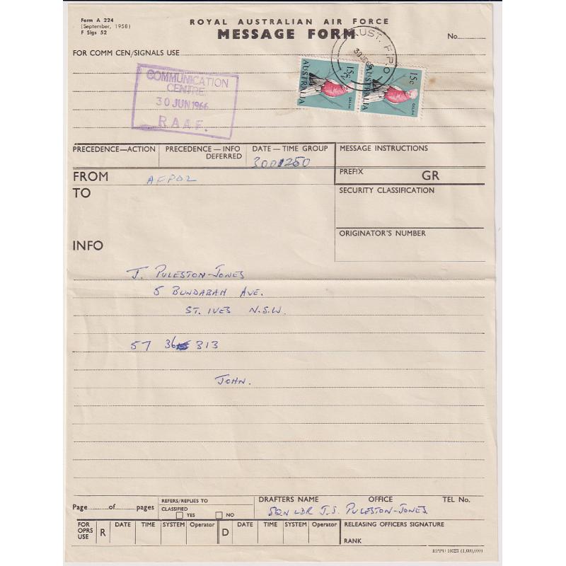 (ST1041L) AUSTRALIA · 1966: R.A.A.F. MESSAGE FORM used at AUST. F.P.O, 2 with a pair of 15c Galah defin tied by a clear strike of the cds · single fold · excellent condition · nice "rates" or "usage" item not often seen