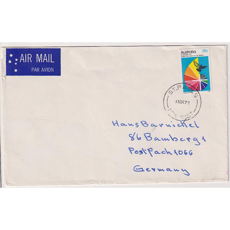 (ST1043) AUSTRALIA · 1972: cover to Germany with 35c 1972 Christmas commemorative · neatly reduced at top when opened o/wise in fine condition · a rare single franking in my experience