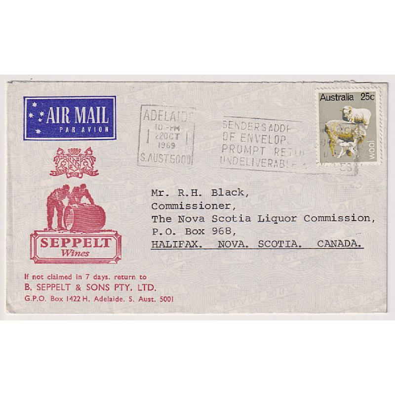 (ST1044) AUSTRALIA · 1969: small Seppelt Wines advertising envelope forwarded by air mail to Nova Scotia · 25c Sheep defin paid correct rate for up to ½oz. · VF condition