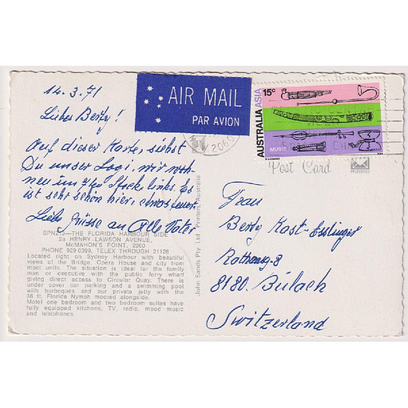 (ST1045) AUSTRALIA · 1971: postcard addressed to Switzerland with single 15c Asia issue paying the air mail postcard rate · fine condition and a very scarce "usage" item