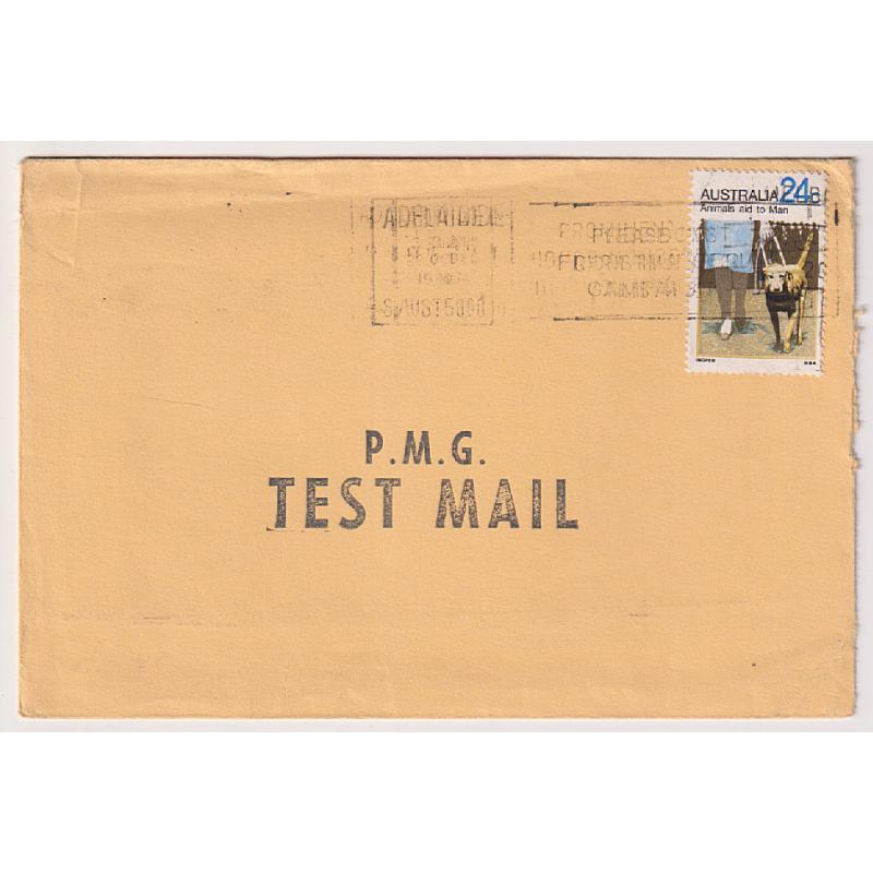 (ST1048) AUSTRALIA · 1974: plain envelope with single 24c Guide Dog franking cancelled at Adelaide · unaddressed but bearing a P.M.G. TEST MAIL h/stamp front and back · excellent condition · unusual item!