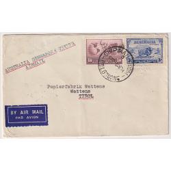 (ST1049) AUSTRALIA · 1934: commercial air mail cover to Austria via Singapore and Athens (transit b/s) · light central bend o/wise in excellent condition · arrival b/stamp (2 images)