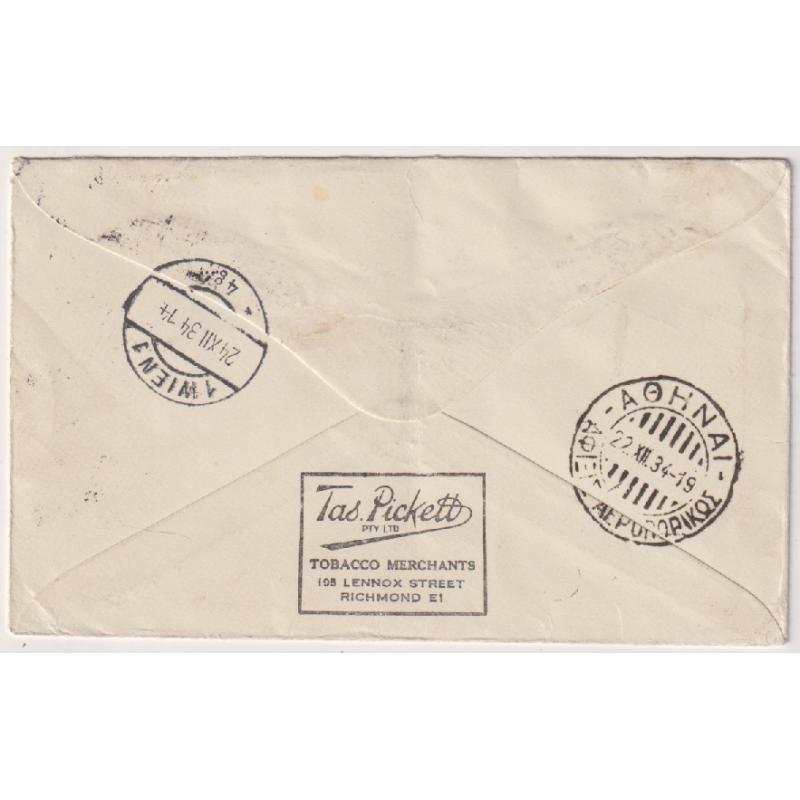 (ST1049) AUSTRALIA · 1934: commercial air mail cover to Austria via Singapore and Athens (transit b/s) · light central bend o/wise in excellent condition · arrival b/stamp (2 images)