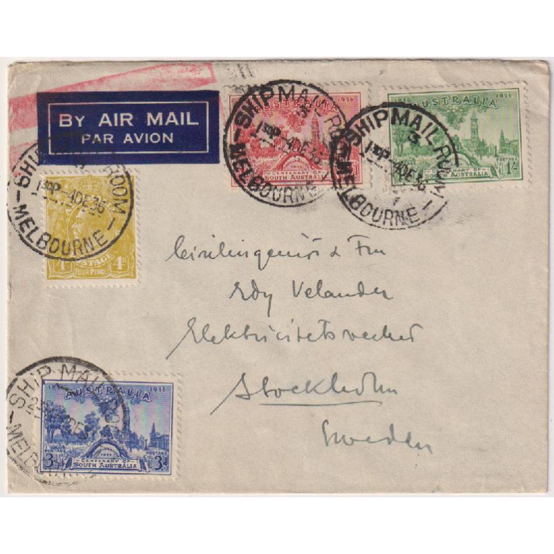 (ST1050) AUSTRALIA · 1936: commercial air mail cover to Sweden · total of 1/9d franking paid 1/6d air mail rate to London + 3d for onforwarding by surface mail to Stocholm · excellent to fine condition