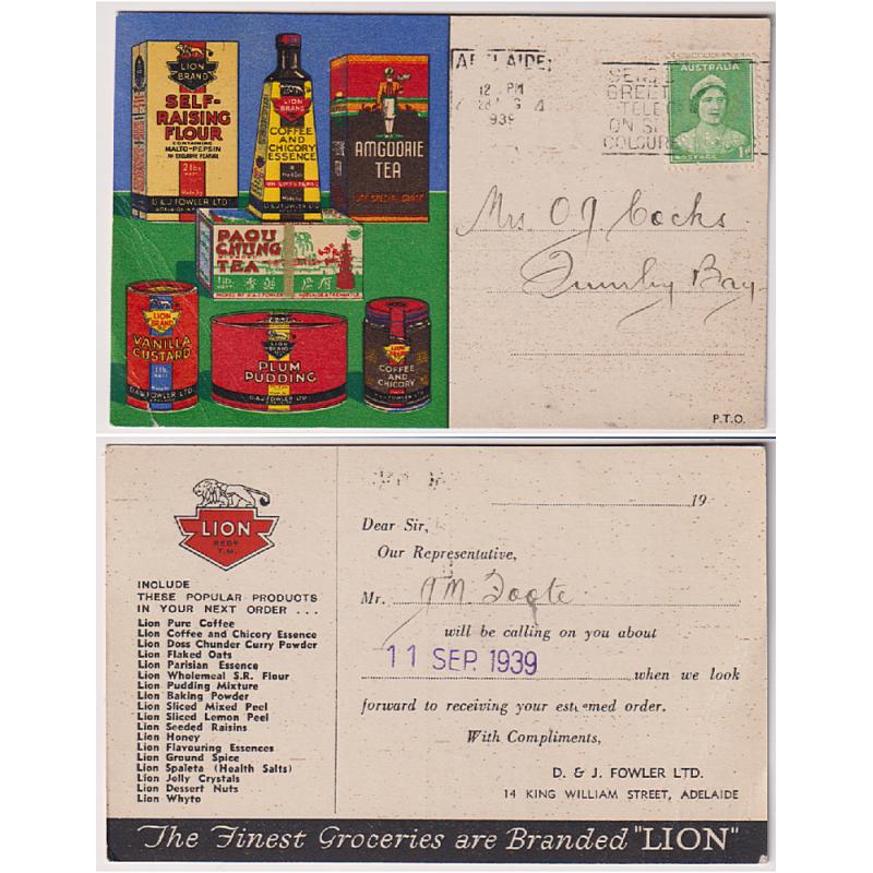 (ST1051) AUSTRALIA · 1939: colour illustrated advice card used by D & J Fowler, Adelaide · 1d QE defin paid printed mattere rate · some light wear in LL corner · overall condition is excellent  ..... an attractive item!