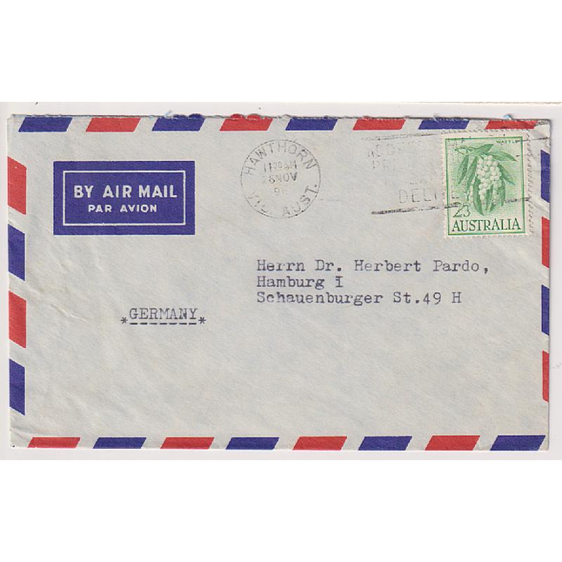 (ST1052) AUSTRALIA · 1964: small air cover to Germany with single 2/3d yellow-green on white Wattle defin paying the correct rate for up to ½oz. · fine condition · this stamp is quite scarce "on cover"