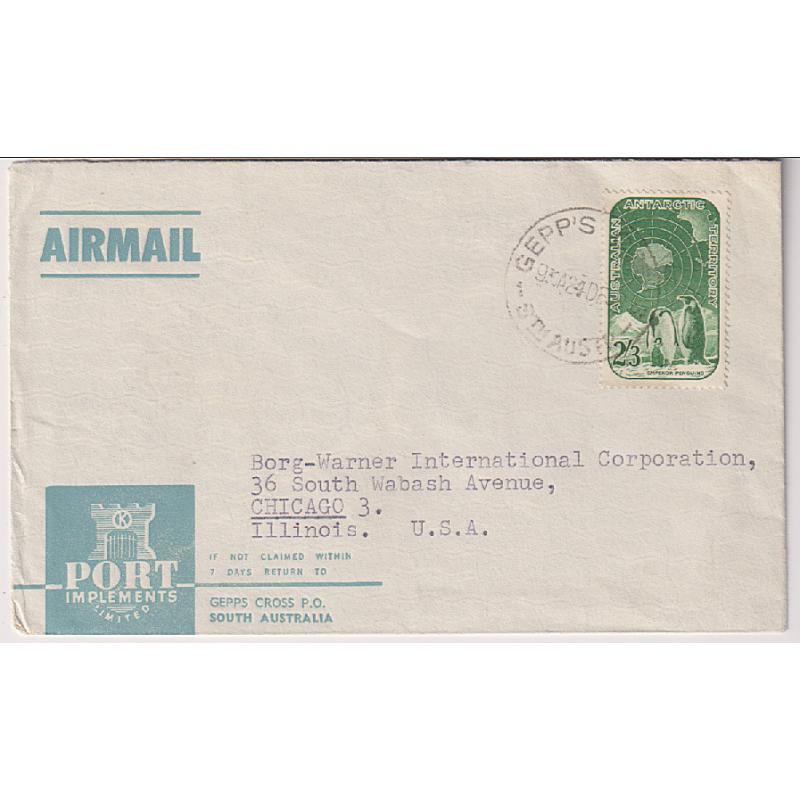 (ST1053) AUSTRALIA · A.A.T.   1959: commercial air mail cover to the USA · 2/3d AAT Map & Penguins issue not often seen "on cover" as a single franking · excellent to fine condition