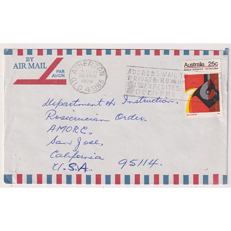 (ST1054) AUSTRALIA · 1974: small commercial air mail cover to USA · 25c National Development not often seen "on cover" as a single franking · excellent to fine condition