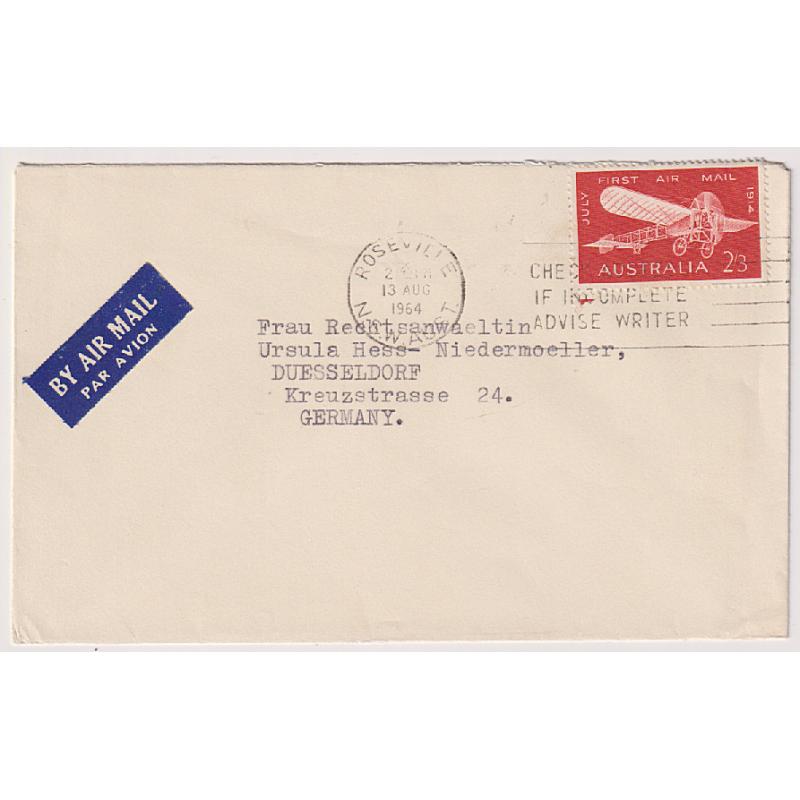 (ST1055) AUSTRALIA · 1964: small air mail cover to Germany with 2/3d Air Mail Anniversary franking in excellent to fine condition · not often seen as a single franking