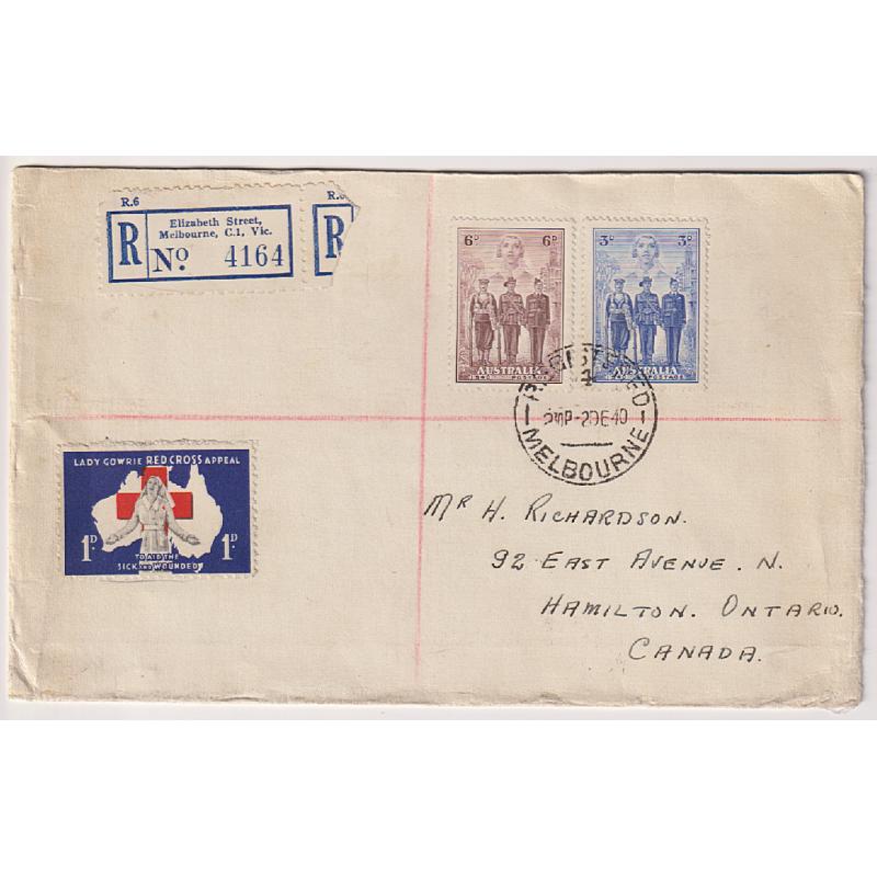 (ST1057) AUSTRALIA · 1940: registered cover to Canada with 3d + 6d AIF franking · also 1d Lady Gowrie Red Cross Appeal poster stamp · opened on 2 sides