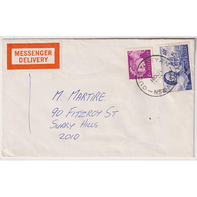 (ST1058) AUSTRALIA · 1971: small cover mailed at Queanbeyan to Sydney address by MESSENGER DELIVERY · arrival b/s · 7c QEII defin paid postage; 40c Tasman paid fee for service · excellent condition