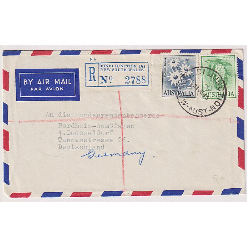 (ST1059) AUSTRALIA · 1965: commercial air mail cover to Germany with 2/- Flannel Flower paying the reg fee and 2/3d Wattle (on white paper .... a scarce franking) pay the postage for up to ½oz. · excellent condition