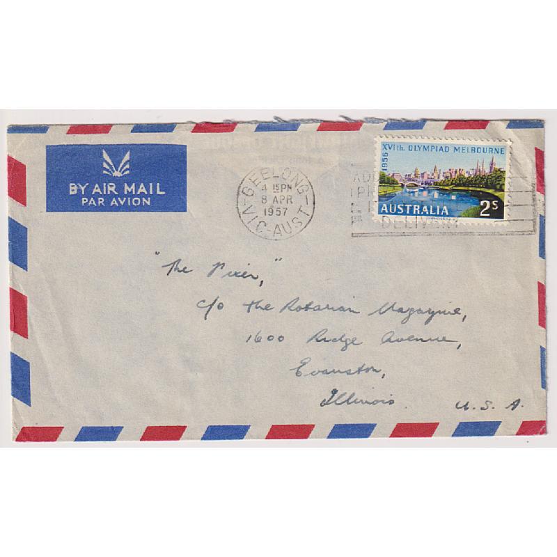 (ST1063) AUSTRALIA · 1957: small air mail cover to the USA with single 2/- multi-coloured Olympics franking · fine condition