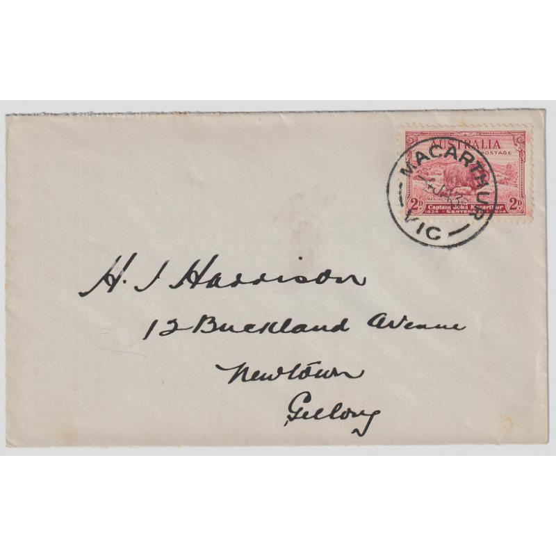 (ST1066) AUSTRALIA · 1935: small cover with 2d Macarthur Centenary commemorative tied by a full clear strike of the MACARTHUR postmark · excellent condition · $5 STARTER!!