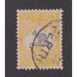 (ST1074) AUSTRALIA · 1929: used  5/- grey & yellow-orange Roo (SM Wmk) showing Vignette Plate variety WHITE FLAW ON KANGAROO'S LEG BW 45A(V)k · excellent condition · c.v. AU$400 (2 images)