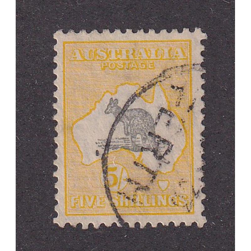 (ST1074) AUSTRALIA · 1929: used  5/- grey & yellow-orange Roo (SM Wmk) showing Vignette Plate variety WHITE FLAW ON KANGAROO'S LEG BW 45A(V)k · excellent condition · c.v. AU$400 (2 images)