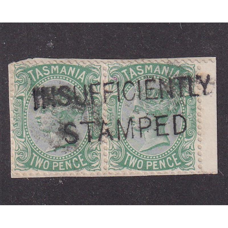 (ST1075) TASMANIA ·  a pair of 2d QV S/faces tied to an envelope clipping by a full strike of the INSUFFICIENTLY STAMPED h/stamp · nice one!