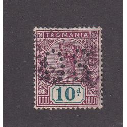 (ST1076) TASMANIA ·  used 10d purple-lake & deep green QV Key Plate perf 'OS' · this perfin was applied to Tasmanian stamps from 1904 and is quite scarce on this stamp (2 images)