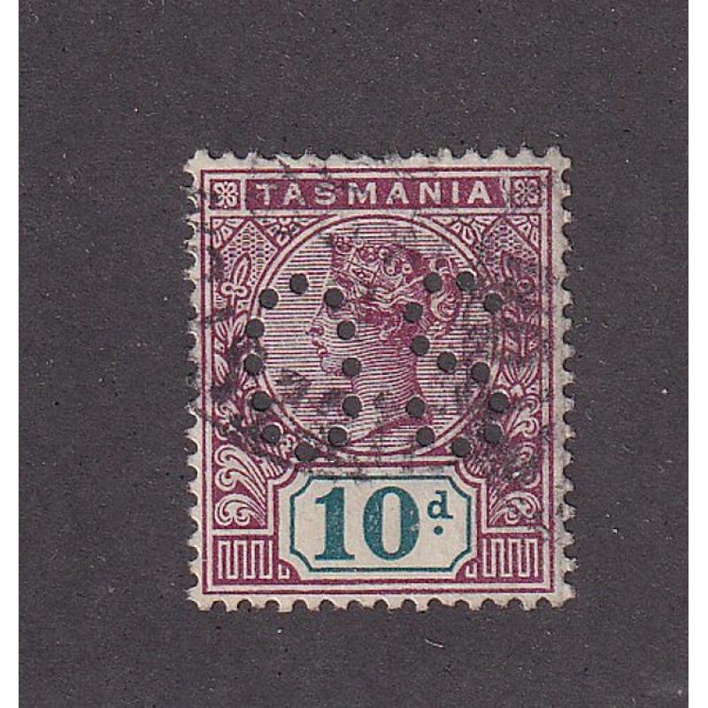 (ST1076) TASMANIA ·  used 10d purple-lake & deep green QV Key Plate perf 'OS' · this perfin was applied to Tasmanian stamps from 1904 and is quite scarce on this stamp (2 images)