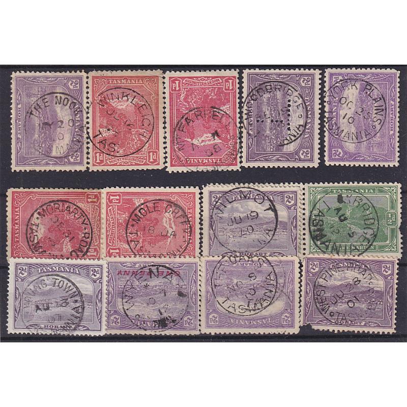 (ST1082) TASMANIA · a Baker's Dozen of small town cds postmarks on ½d, 1d & 2d Pictorials · includes THE NOOK, WINKLEIGH, UXBRIDGE, YOUNG TOWN, WEST PINE ROAD, etc. (13)