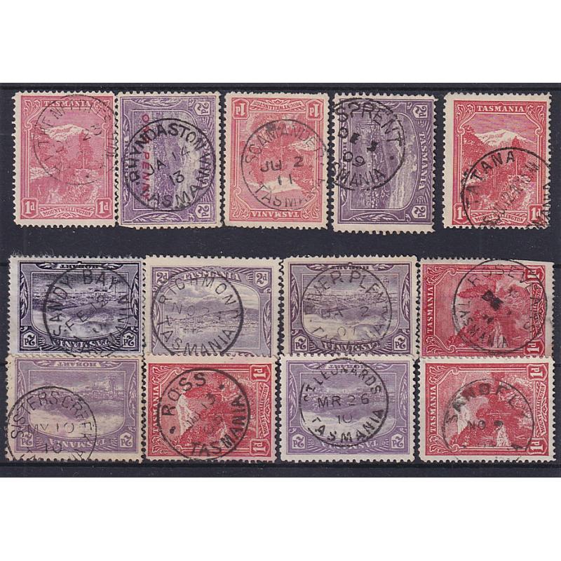 (ST1081) TASMANIA · a Baker's Dozen of small town cds postmarks on 1d & 2d Pictorials · includes THE NEEDLES, SPRENT, ROSEVEARS, SISTERS CREEK, SANDFLY, etc. (13)