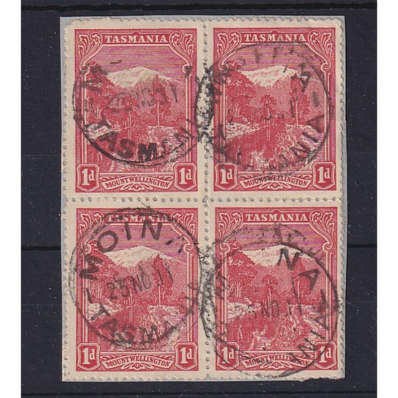 (ST1082) TASMANIA · 1911: block of 4x 1d Pictorials each bearing a strike of the MOINA Type 2b cds which is rated RR+(12*) · quality ranges from 'discernible' to excellent