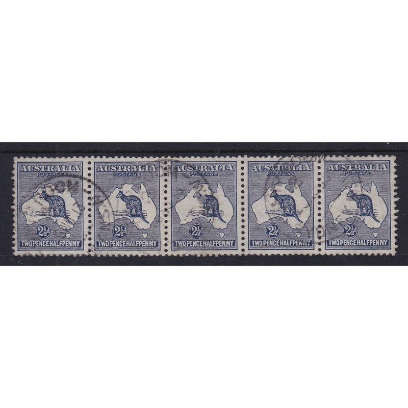 (ST1084) AUSTRALIA · 1913: horiz. strip of 5x 2½d indigo Roos (1st Wmk) SG 4 · LH unit has a couple of short perfs o/wise condition is excellent front/back · used multiples of this size are uncommon · total c.v. £120 (2)