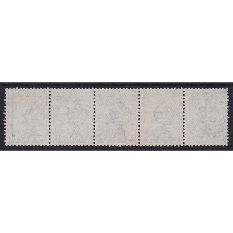 (ST1084) AUSTRALIA · 1913: horiz. strip of 5x 2½d indigo Roos (1st Wmk) SG 4 · LH unit has a couple of short perfs o/wise condition is excellent front/back · used multiples of this size are uncommon · total c.v. £120 (2)