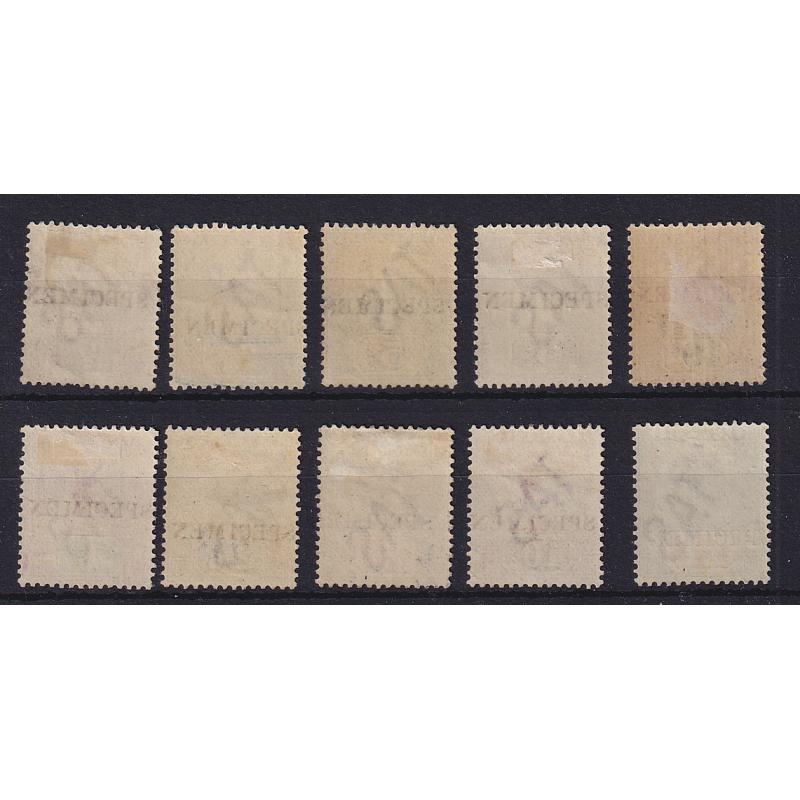 (ST1085) TASMANIA · 1893/99: complete QV S/face issue optd SPECIMEN SG 216s/225s · some minor variation in gum quality so please view both large images · the £1 is fresh MVLH · c.v. £650 (10)