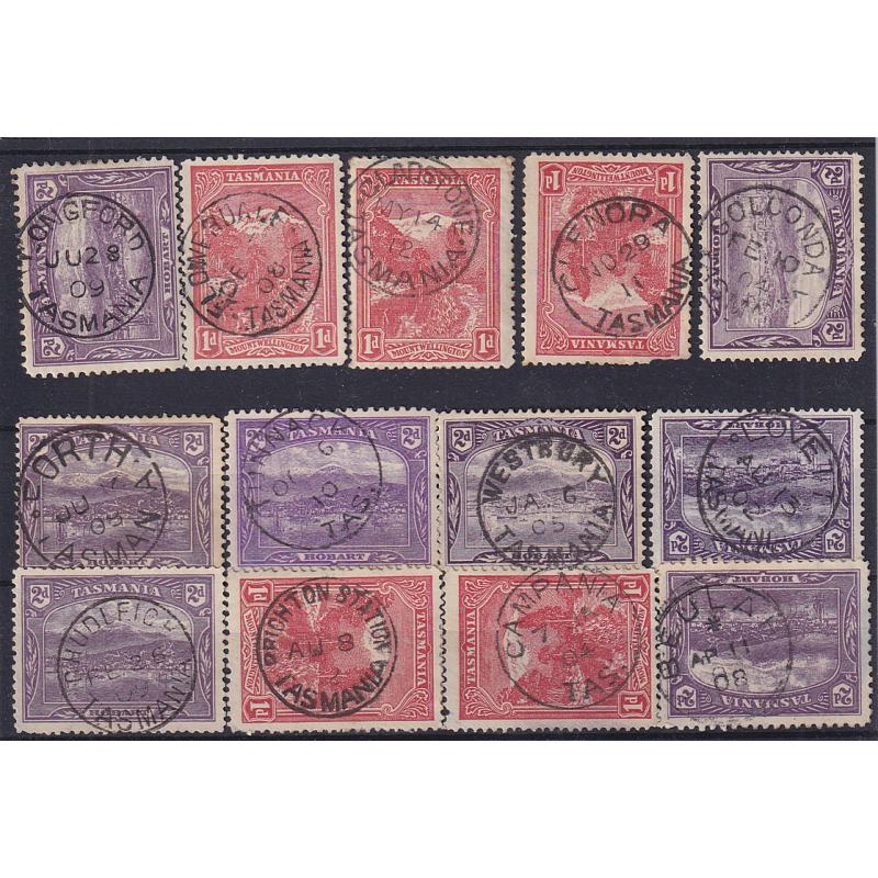 (ST1086) TASMANIA · a Baker's Dozen of small town cds postmarks on 1d & 2d Pictorials · includes FLOWERDALE, GOLCONDA, CHUDLEIGH, BEULAH, etc. (13)