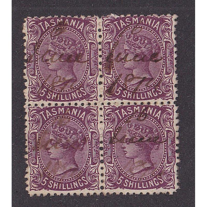 (ST1087) TASMANIA ·  1871: fiscally used block of 4x 5/- purple QV S/face in fine condition (4)