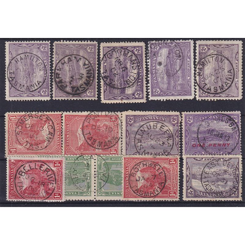 (ST1088) TASMANIA · a Baker's Dozen of small town cds postmarks on ½d,1d & 2d Pictorials · includes DEDDINGTON, BARNES BAY, BOOBYALLA, NUBEENA, etc. (13)