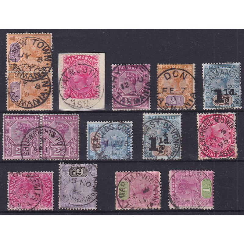 (ST1089) TASMANIA ·  a Baker's Dozen of cds postmarks on QV S/face or Key Plate issues · includes THE NEEDLES, FALMOUTH, HYTHE, SCAMANDER, GOULDS COUNTRYetc. (13)