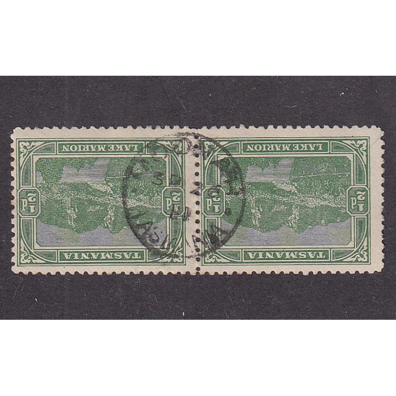 (ST1090) TASMANIA ·  1911: a clear, fully framed impression of the MOONAH Type 1 cds on a pair of ½d Pictorials · rated S-(4*)