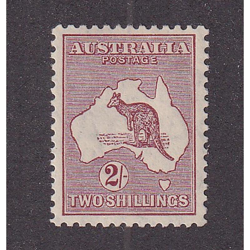 (ST1092) AUSTRALIA · 1929: MLH Die II 2/- maroon Roo (SM Wmk) SG 110 · tiny ink mark on verso o/wise in excellent to fine condition · c.v. £140 (2 images)