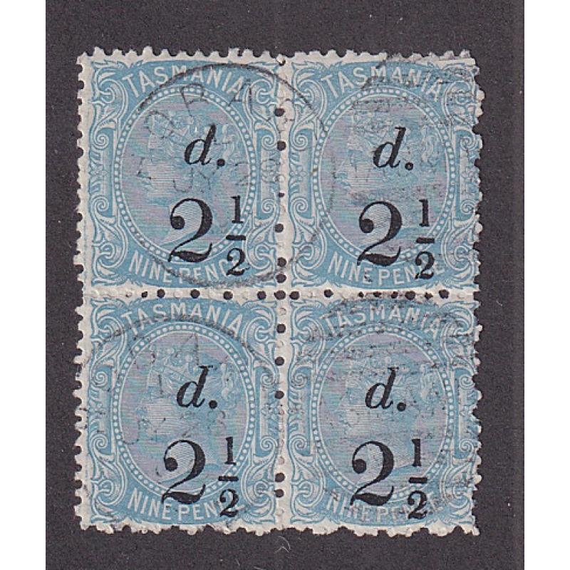 (ST1093) TASMANIA ·  1891: light used block of 4x 2½d surcharged 9d pale blue QV S/face perf.12 SG 169 · perfs a little rough as usually found · attractive multiple (4)