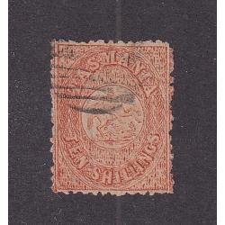 (ST1094) TASMANIA ·  1880: postally used 10/- salmon St George & Dragon postal/fiscal SG F17 · excellent condition .... see largest images · c.v. £225 (2 images)