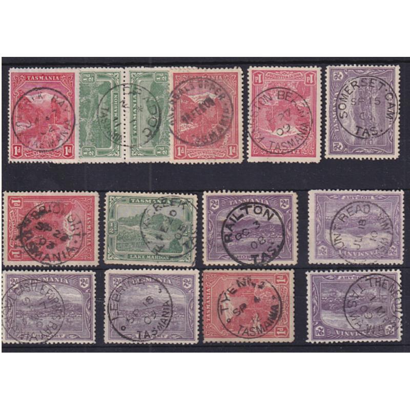 (ST1095) TASMANIA · a Baker's Dozen of small town cds postmarks on ½d,1d & 2d Pictorials · includes NORFOLK BAY, FLOWERDALE UPPER, BACK CREEK, THE NEEDLES, CASTLE FORBES BAY, etc. (13)