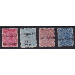 (ST1096) TASMANIA ·  SPECIMEN overprint oddments all without gum · some rough perfs on 2½d & 9d values · 4 stamps (2 images)