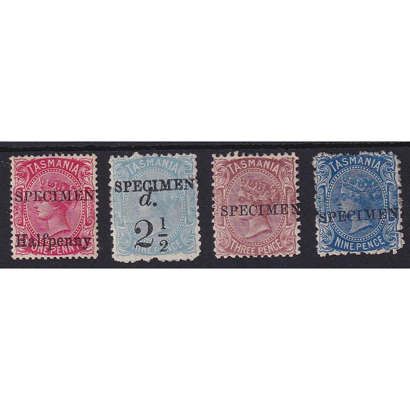 (ST1096) TASMANIA ·  SPECIMEN overprint oddments all without gum · some rough perfs on 2½d & 9d values · 4 stamps (2 images)