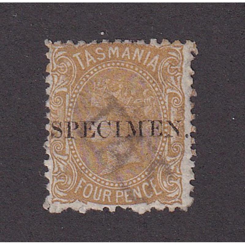 (ST1099) TASMANIA ·  1891: 4d bistre QV S/face perf.12 optd SPECIMEN SG 174s · paper so thin you can see through it!!  · fine condition (2 images)