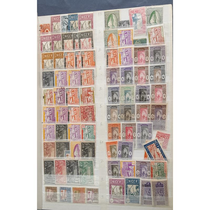 (ST1100A) FRENCH COLONIES · s/book housing an accumulation of approx.800 M/U stamps from various colonies such as NIGER, INDO-CHINA, SOMALIA, NEW HEBRIDES, MARTINIQUE, etc. · very little if any duplication · see full description (12 images)